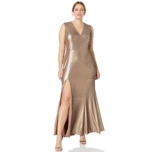 Dress the Population Gold V-Neck Slit Gown